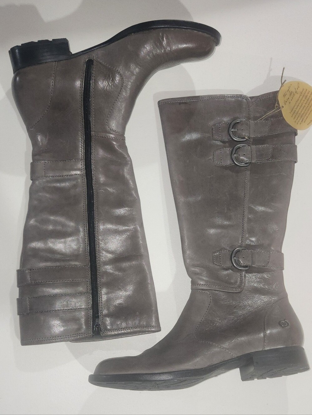 Born Attila 40 Riding Boots Gray Leather 3 Buckles Side Zip Size 9 US